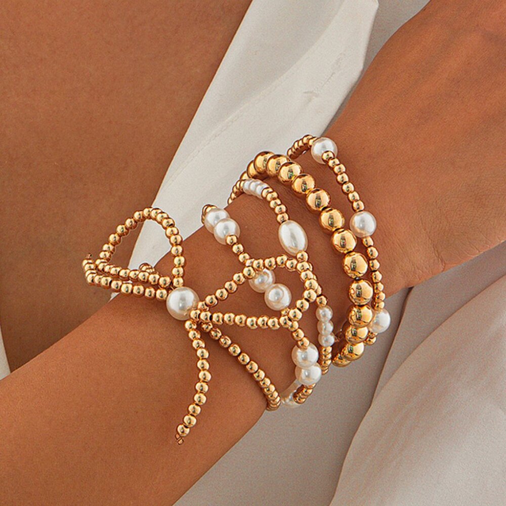 B262 Gold Bow Knot Pearl Beaded Multi Layered Bracelet Set - Picture 3 of 5